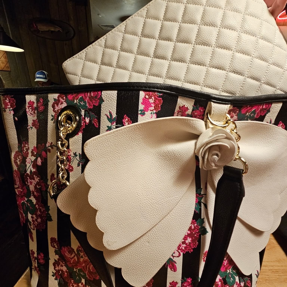 Betsy Johnson Floral Striped Tote with Quilted Clutch